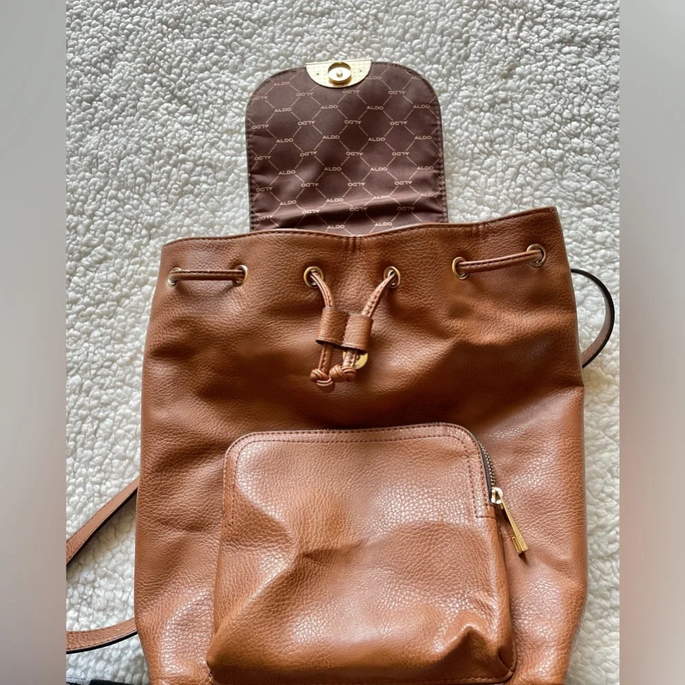 ALDO Drawstring Brown Backpack Adjustable Straps Snap Flap Closure - Picture 8 of 16